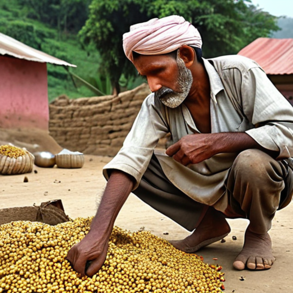 **A small Indian farmer in a rural village struggling to get a fair price for his crops at a traditional market (Mandi). Focus on the challenges and the need for agricultural platforms.**