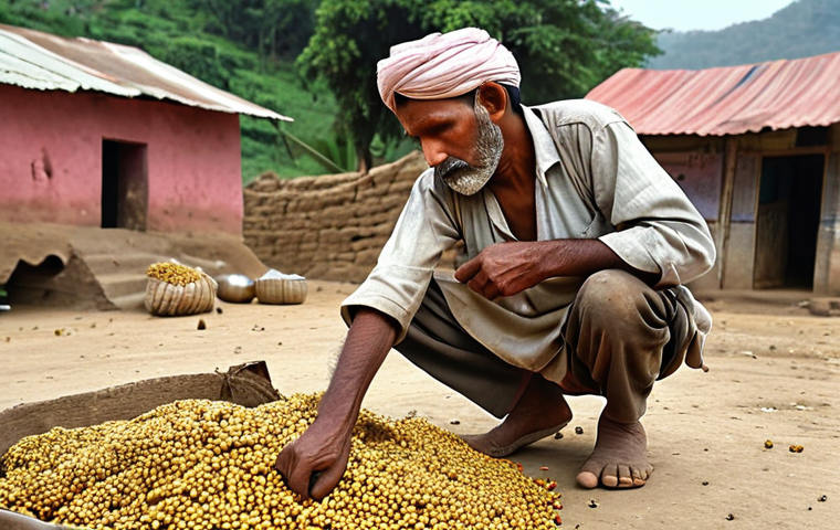 **A small Indian farmer in a rural village struggling to get a fair price for his crops at a traditional market (Mandi). Focus on the challenges and the need for agricultural platforms.**
