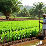**

A vibrant field showcasing **organic farming**. Depict a farmer using **Jaivik Khad** (organic fertilizer) on lush green crops. Include diverse plants indicating **fasal chakraan** (crop rotation). Show techniques like **drip irrigation** and **varsha jal sanchayan** (rainwater harvesting) for **jal sanrakshan** (water conservation). The overall scene highlights healthy soil and a thriving ecosystem.

**