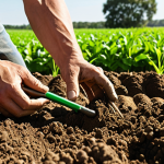 **

A farmer using a soil testing kit on his farm with lush green crops in the background. Emphasize the importance of soil health for better crop yield. Show sunlight and a sense of prosperity.

**