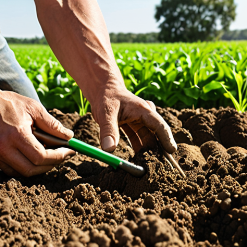 **

A farmer using a soil testing kit on his farm with lush green crops in the background. Emphasize the importance of soil health for better crop yield. Show sunlight and a sense of prosperity.

**