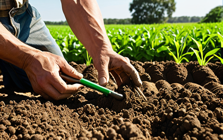 **
A farmer using a soil testing kit on his farm with lush green crops in the background. Emphasize the importance of soil health for better crop yield. Show sunlight and a sense of prosperity.
**