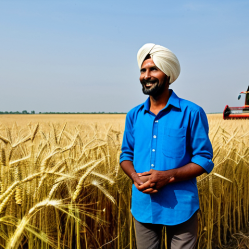 A contented Indian farmer, male, fully clothed in traditional, modest attire including a clean turban and simple shirt and trousers, stands gracefully in a vast, golden wheat field under a clear blue sky. In the background, a modern, automated combine harvester operates efficiently, gathering the harvest with precision and minimal disruption. The farmer observes the machine with a look of satisfaction and hope for the future. This image embodies agricultural advancement and self-reliance, with perfect anatomy, correct proportions, natural pose, well-formed hands, proper finger count, natural body proportions. Safe for work, appropriate content, fully clothed, professional, family-friendly, high quality, professional photography.