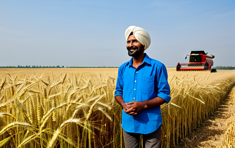 A contented Indian farmer, male, fully clothed in traditional, modest attire including a clean turban and simple shirt and trousers, stands gracefully in a vast, golden wheat field under a clear blue sky. In the background, a modern, automated combine harvester operates efficiently, gathering the harvest with precision and minimal disruption. The farmer observes the machine with a look of satisfaction and hope for the future. This image embodies agricultural advancement and self-reliance, with perfect anatomy, correct proportions, natural pose, well-formed hands, proper finger count, natural body proportions. Safe for work, appropriate content, fully clothed, professional, family-friendly, high quality, professional photography.
