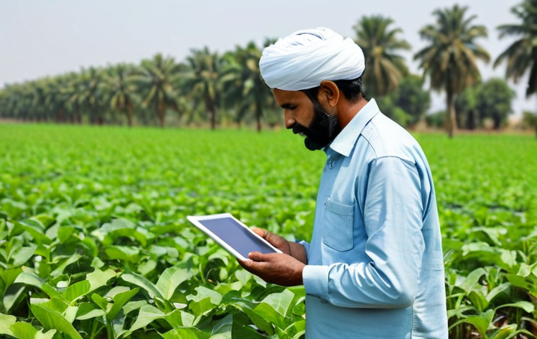 **

A professional farmer in India, wearing modest, practical clothing, using a tablet to analyze crop data in a lush green field. Drip irrigation system visible in the background. Focus on the technology and healthy plants. Safe for work, appropriate content, fully clothed, professional, family-friendly, perfect anatomy, correct proportions, natural pose, well-formed hands, proper finger count, natural body proportions.

**
