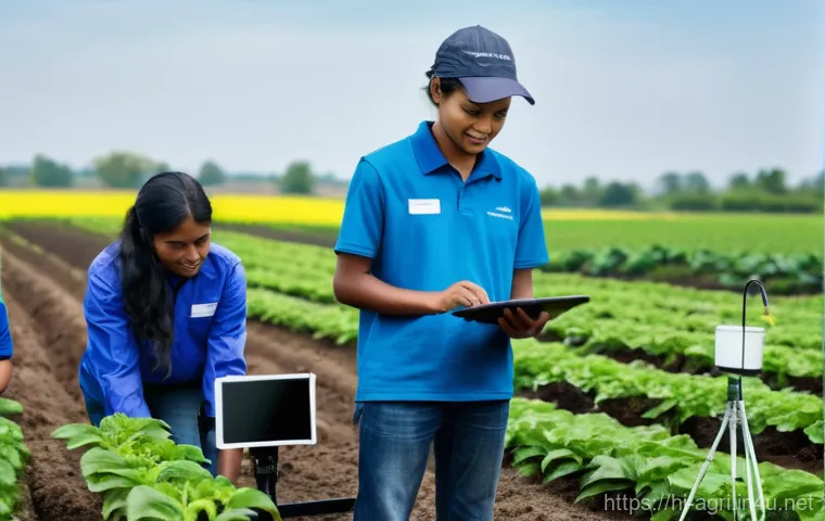 농업 스마트 팜 실습 - **Prompt 1: Empowering Farmers with Technology**
    A wide shot of a bright, modern smart farming t...