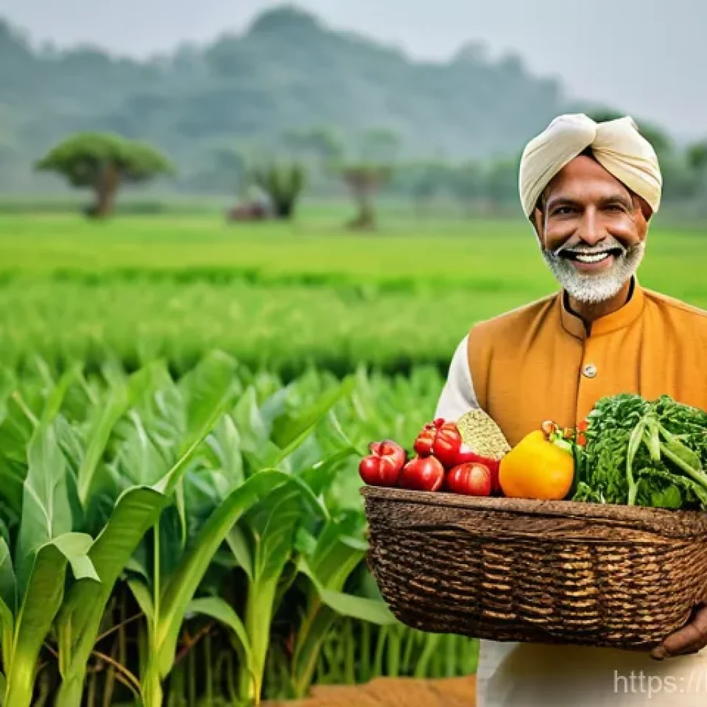 농업 친환경 포장재 연구 - **Prompt:** A heartwarming scene featuring a joyous, middle-aged Indian farmer, with a radiant smile...