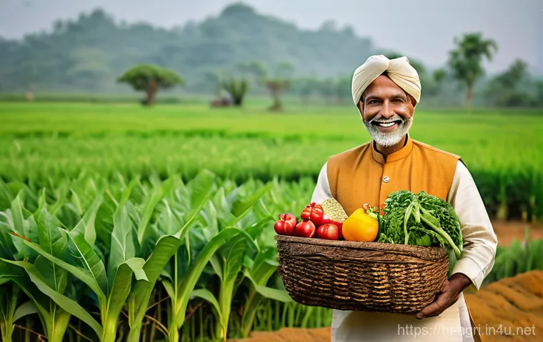 농업 친환경 포장재 연구 - **Prompt:** A heartwarming scene featuring a joyous, middle-aged Indian farmer, with a radiant smile...