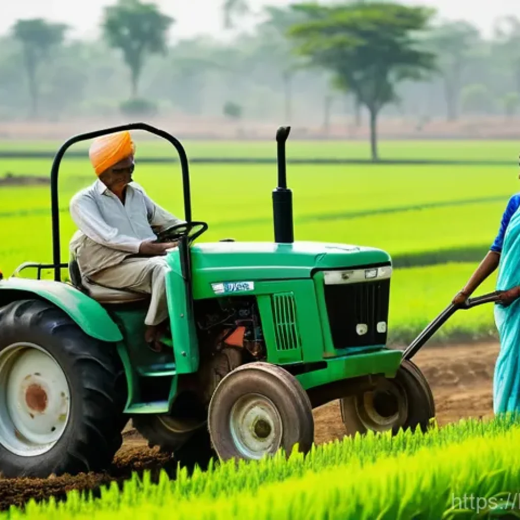 농업용 전기트랙터 - **Prompt:** A wide, idyllic shot of a modern, bright-colored electric tractor quietly and efficientl...