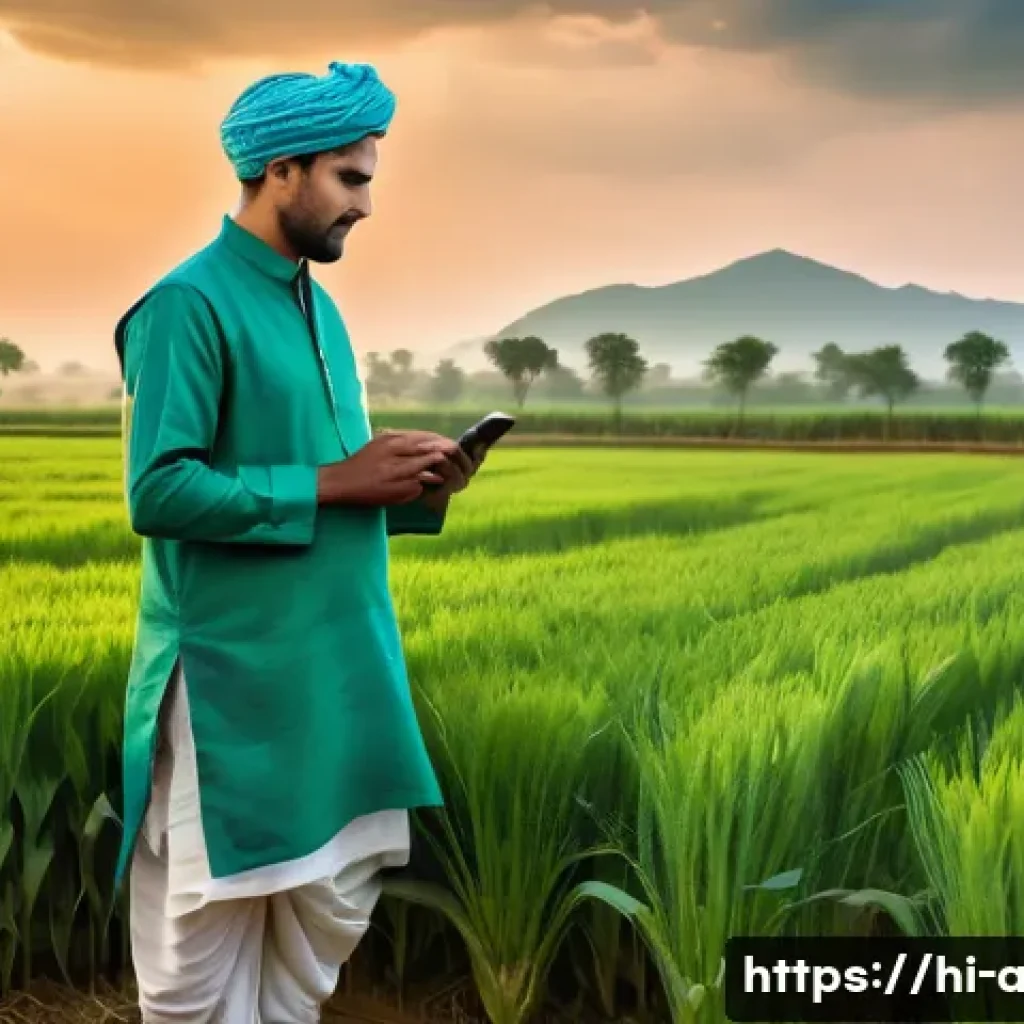 농업 관련 공공 데이터 활용 - A rural Indian farmer wearing traditional kurta and dhoti with a smartphone in hand, standing in a l...