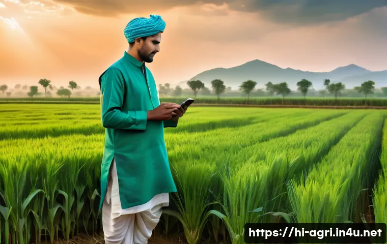 농업 관련 공공 데이터 활용 - A rural Indian farmer wearing traditional kurta and dhoti with a smartphone in hand, standing in a l...