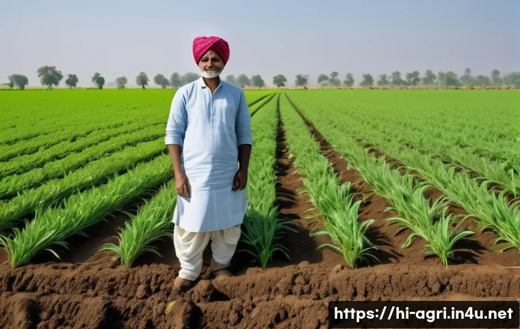 농업 경영 컨설팅 - A vibrant, detailed scene of a modern Indian farm field during the daytime, showcasing a farmer usin...