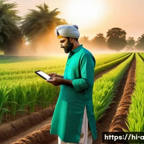 Home 21 농업 스마트 센서 응용 - A vibrant Indian farm scene at dawn featuring a farmer wearing traditional kurta and dhoti, monitori...