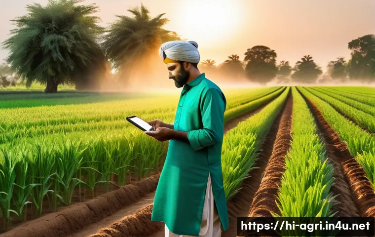 농업 스마트 센서 응용 - A vibrant Indian farm scene at dawn featuring a farmer wearing traditional kurta and dhoti, monitori...