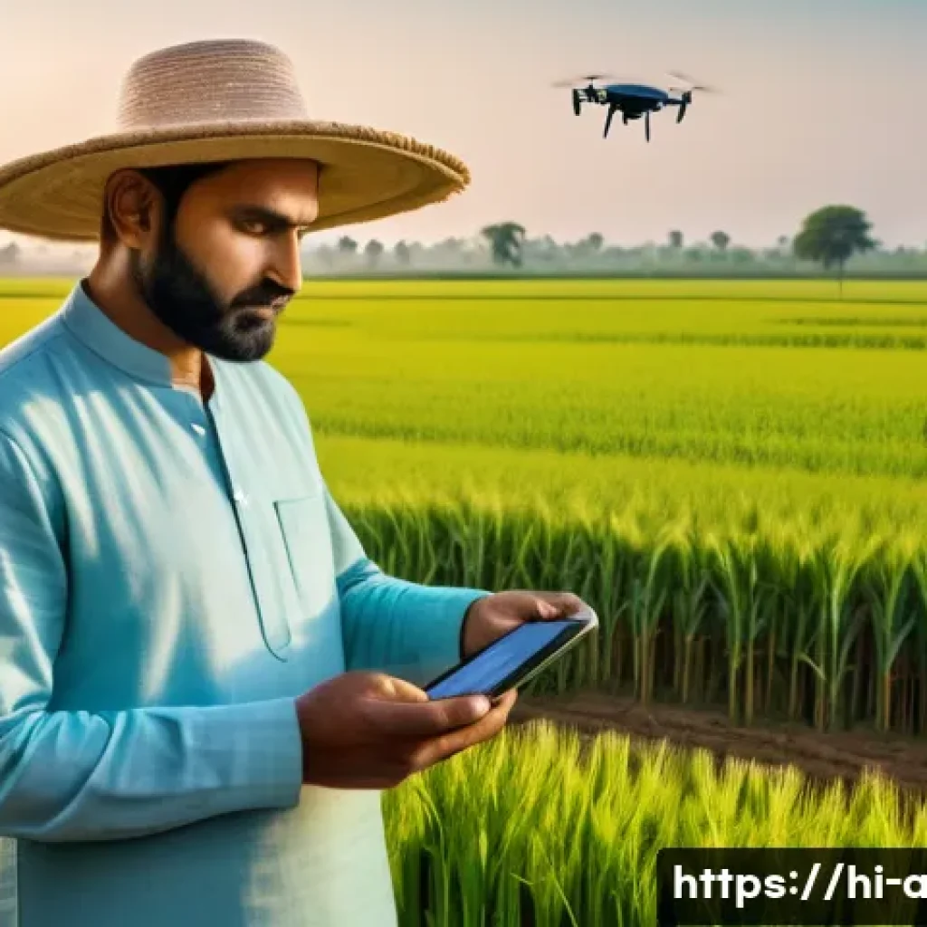 농업 창업 지원 - A modern Indian farmer using a drone to monitor his wheat field in the early morning light, wearing ...