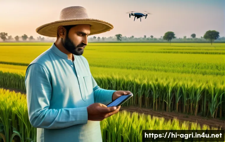 농업 창업 지원 - A modern Indian farmer using a drone to monitor his wheat field in the early morning light, wearing ...