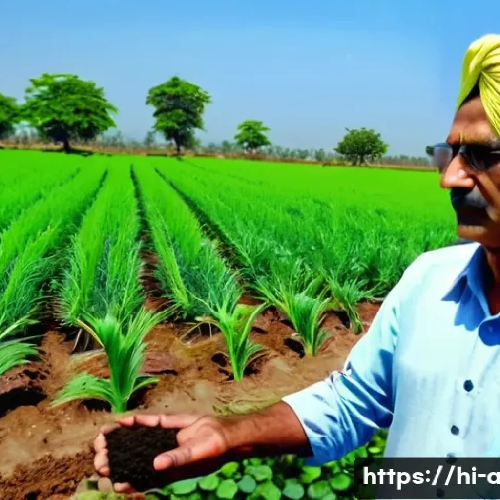 농업 기술 혁신 사례 - A vibrant rural Indian farm scene showcasing a farmer wearing traditional clothing and a turban, mon...