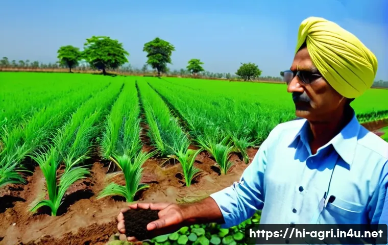 농업 기술 혁신 사례 - A vibrant rural Indian farm scene showcasing a farmer wearing traditional clothing and a turban, mon...