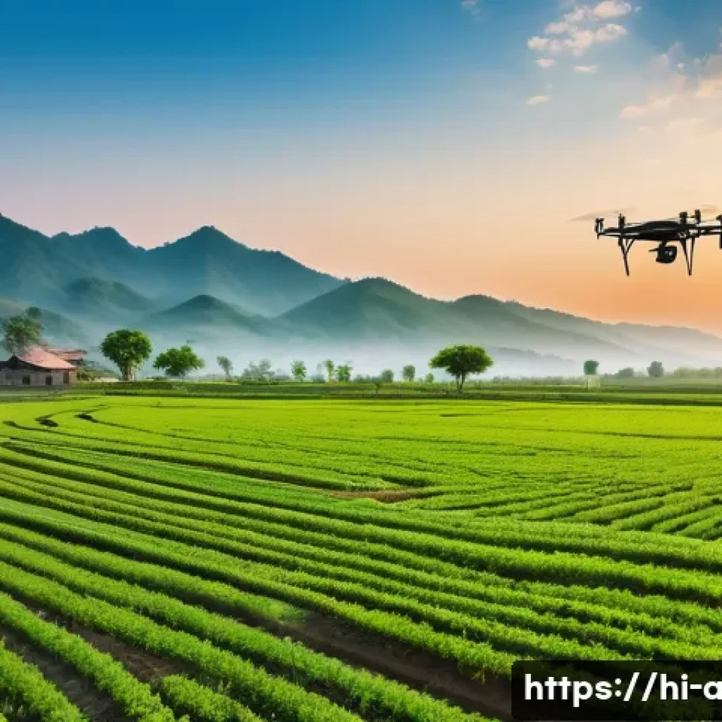 농업 과학 저널 리뷰 - A vibrant rural Indian farm landscape at sunrise, showcasing a modern drone flying over lush green f...