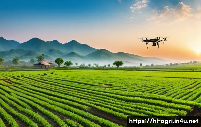 농업 과학 저널 리뷰 - A vibrant rural Indian farm landscape at sunrise, showcasing a modern drone flying over lush green f...