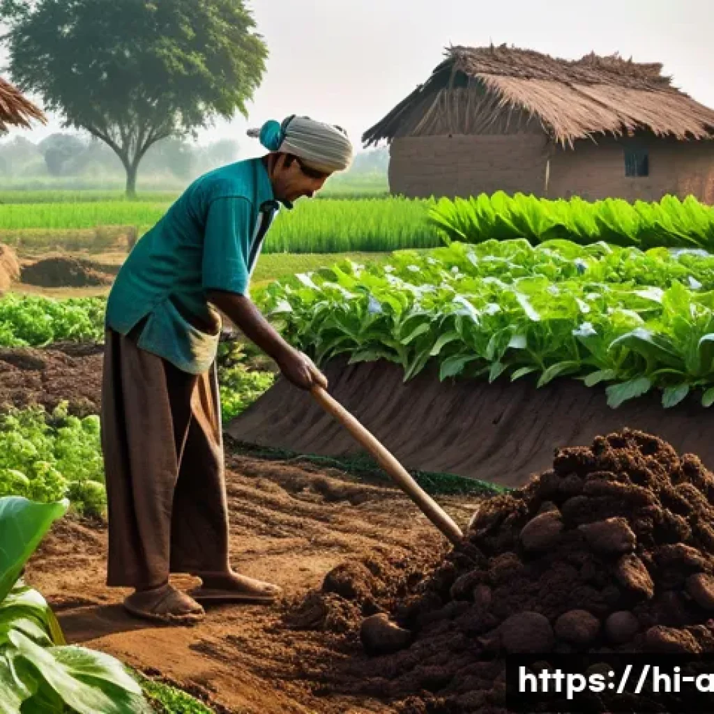 농업 친환경 비료 연구 - A vibrant rural Indian farm scene depicting a farmer preparing compost from kitchen and garden waste...