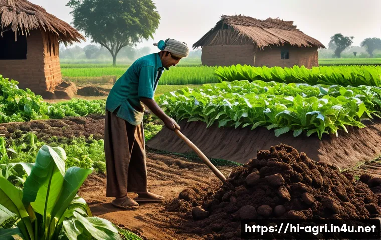 농업 친환경 비료 연구 - A vibrant rural Indian farm scene depicting a farmer preparing compost from kitchen and garden waste...