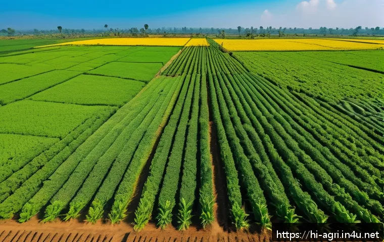 농업 디지털 패러다임 변화 - A vibrant agricultural field in India during daylight, with a modern drone flying above monitoring l...