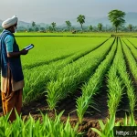 농업 기후 리스크 관리 - A detailed scene of an Indian farmer in traditional attire inspecting a millet (bajra) and sorghum (...