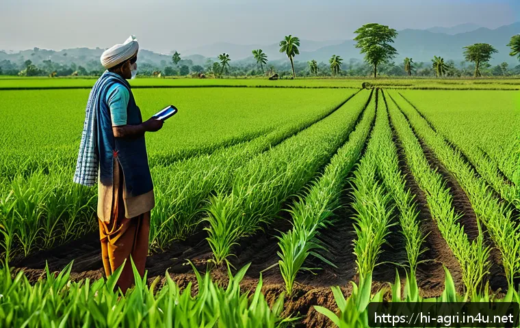 농업 기후 리스크 관리 - A detailed scene of an Indian farmer in traditional attire inspecting a millet (bajra) and sorghum (...