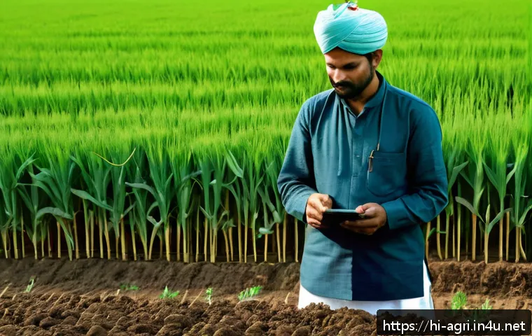 농업 AI 기반 데이터 분석 - A detailed scene of a Hindi-speaking Indian farmer in traditional attire standing in a lush green wh...