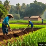 농업 친환경 재배 시스템 - A vibrant organic farm scene in rural India showcasing a farmer applying natural fertilizers like co...