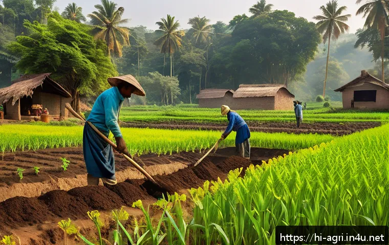 농업 친환경 재배 시스템 - A vibrant organic farm scene in rural India showcasing a farmer applying natural fertilizers like co...