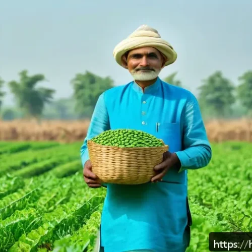 농업 생산성 향상 전략 - A vibrant Indian farm landscape during early morning, showcasing a farmer selecting advanced high-qu...