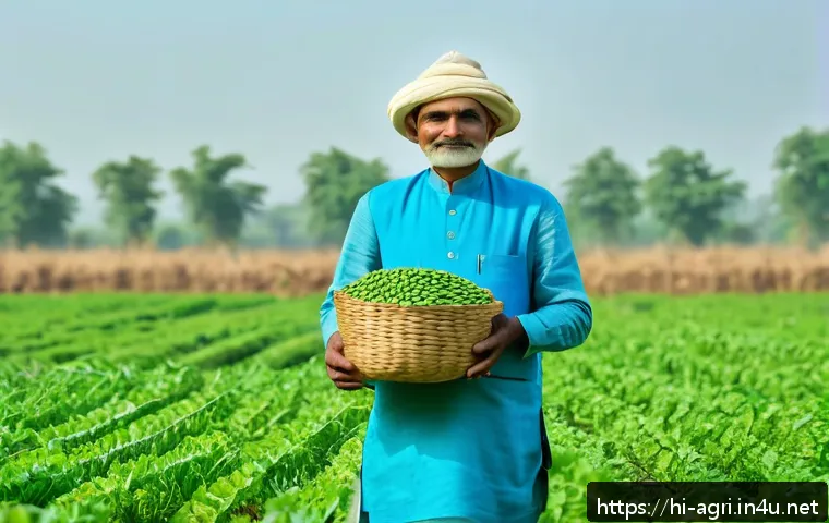 농업 생산성 향상 전략 - A vibrant Indian farm landscape during early morning, showcasing a farmer selecting advanced high-qu...