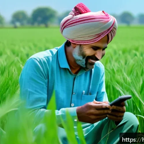 농업 AI 기반 영농일지 관리 - A Hindi-speaking farmer in traditional Indian attire using a smartphone in a lush green wheat field ...