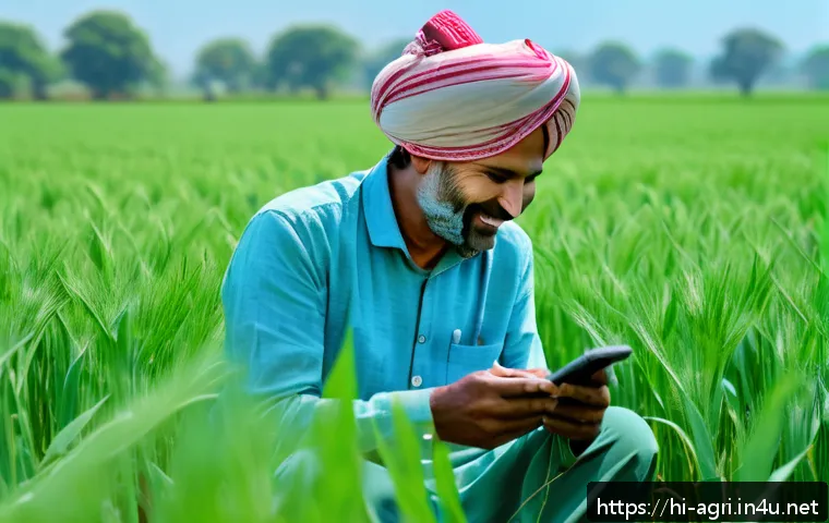 농업 AI 기반 영농일지 관리 - A Hindi-speaking farmer in traditional Indian attire using a smartphone in a lush green wheat field ...
