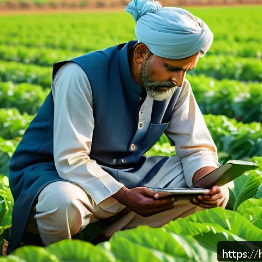 농업 혁신 스타트업 사례 - A vibrant digital agriculture scene in a rural Indian field, showcasing a medium-sized farmer wearin...