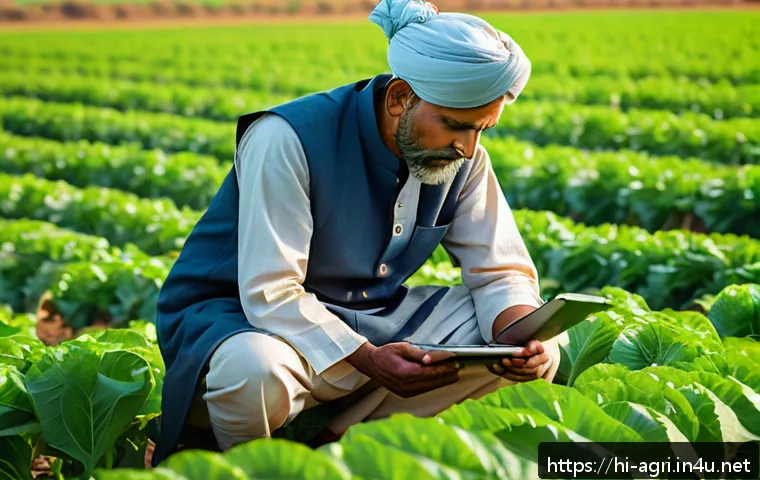 농업 혁신 스타트업 사례 - A vibrant digital agriculture scene in a rural Indian field, showcasing a medium-sized farmer wearin...