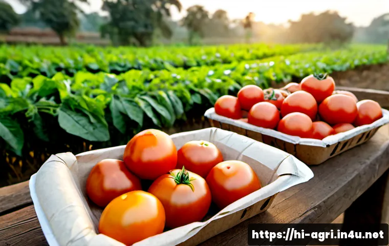농업 환경 친화적 포장재 - Photorealistic sustainable agricultural packaging scene, freshly harvested tomatoes, leafy greens, a...